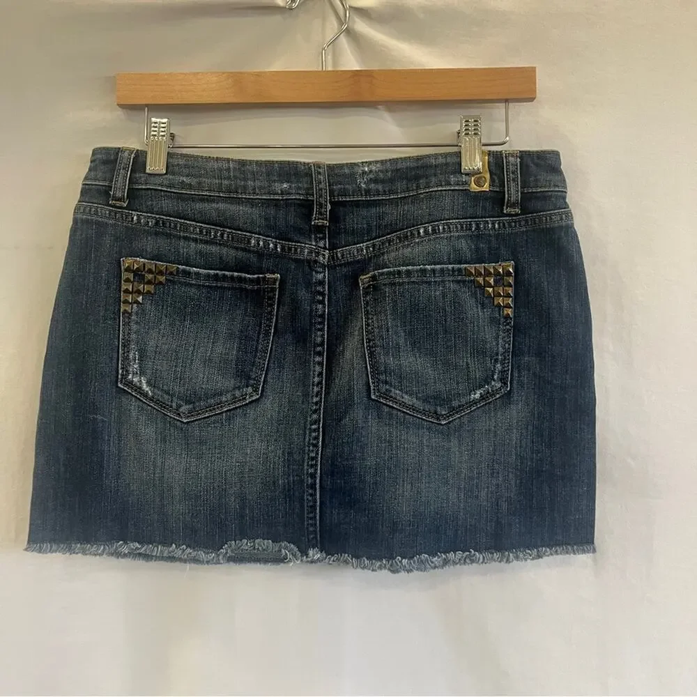 Lauren Conrad Denim Mini Skirt Size 8 Distressed Studded Raw Hem Short Blue Y2K